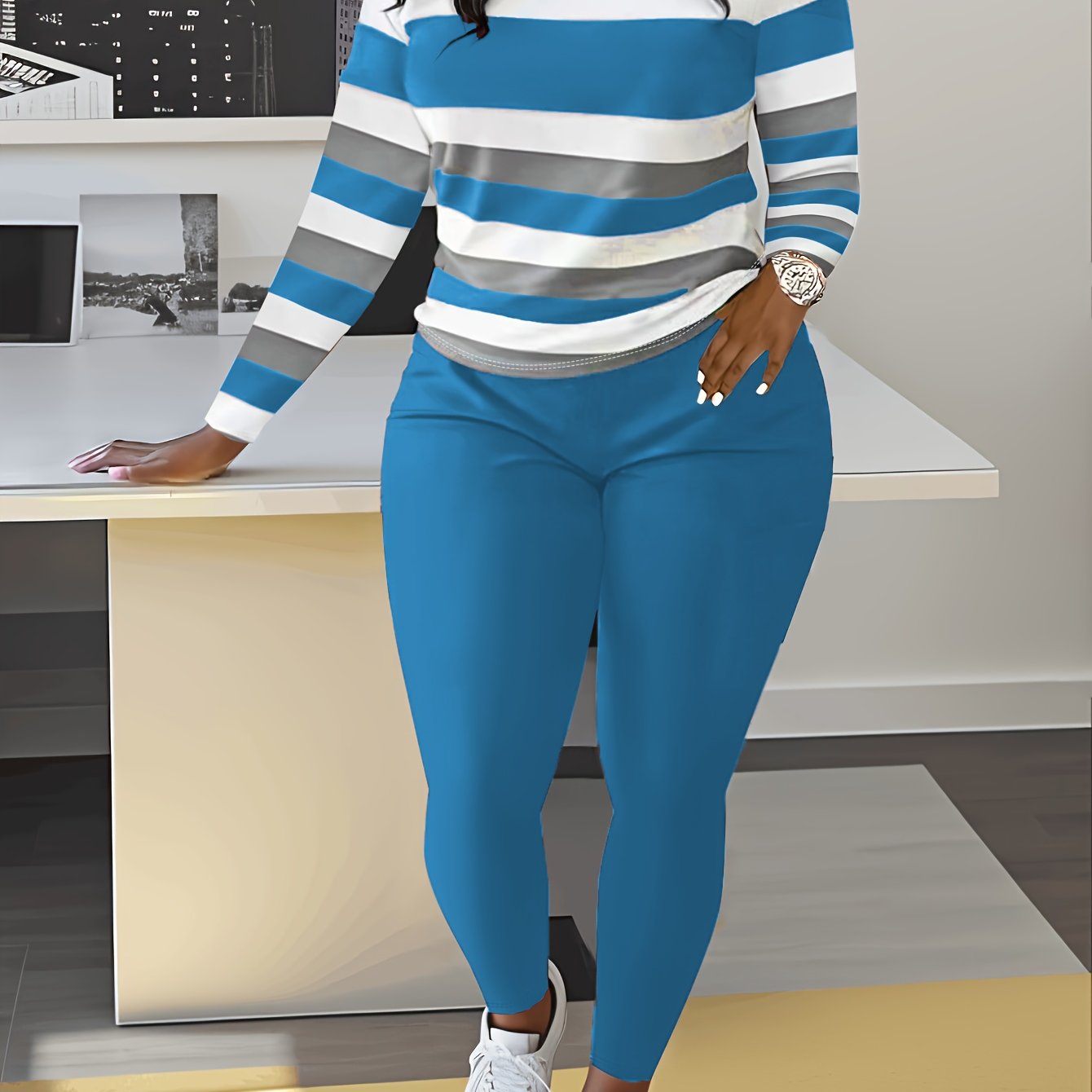 Slim Matching Two-piece Set, Casual Long Sleeve Crew Neck Striped Color Block T-shirt & Solid Elastic Waist Pants Outfits, Women's Clothing